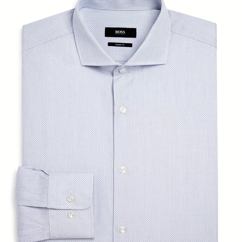 NWT BOSS Men's Dash Dobby Sharp Fit Dress Shirt / WHITE NAVY / 15.5L